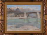 an oil painting of a bridge over a river with a building in the background