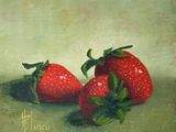 painting of three strawberries on a green surface with a light green background