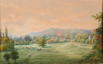 un tableau représentant un champ avec un château au loin