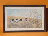 a painting of two dogs running through a field with a yellow wall behind them
