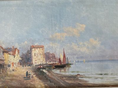 a painting of a beach scene with boats on the water