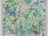 abstract painting of green and blue brush strokes on a white background