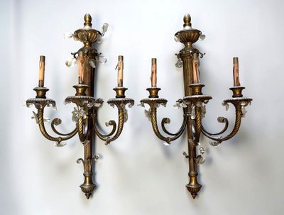 pair of antique brass and crystal wall sconces