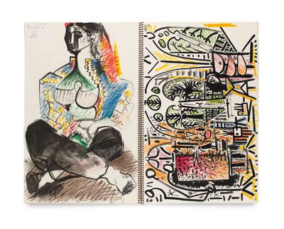 le dessin d'une femme assise par terre à côté du dessin d'un chien
