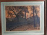 framed picture of a painting of a street scene with buildings and trees