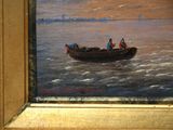 a painting of a boat with people in it on the water