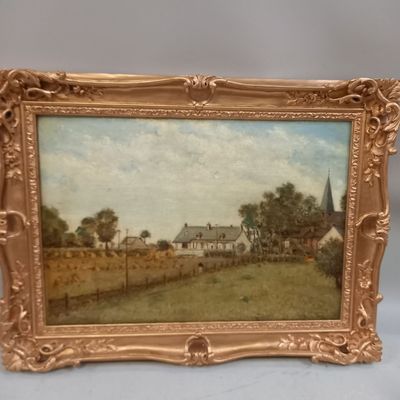 an old picture of a painting of a farm with a church in the background