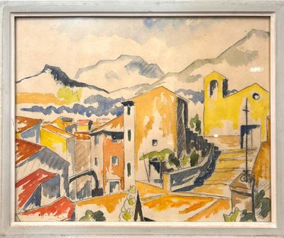 an image of a watercolor painting of a town with a mountain in the background