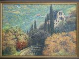 an oil painting of a castle on a hill with trees in the foreground