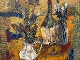 a painting of flowers in a vase on a table