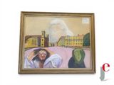 une peinture accrochée au mur d'un immeuble, représentant une femme allongée dans un lit