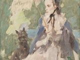 tableau représentant une femme assise sur un banc avec un chien et un parapluie