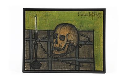 peinture représentant un crâne dans une cage, avec une bougie et un bougeoir