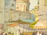 un tableau représentant une scène de rue avec des passants