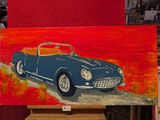 un tableau représentant une voiture de sport bleue posée sur un chevalet