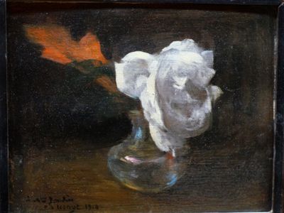 a painting of a white rose in a vase on a table