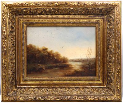 a painting of a landscape with trees and a river in the background
