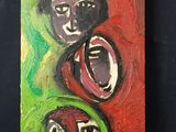 tableau représentant un groupe de personnes aux visages se détachant sur un fond rouge et vert