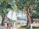 an oil painting of people walking down a path near a tree