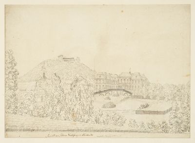 dessin représentant la vue d'un château avec un pont enjambant une rivière
