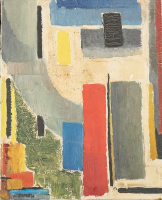 an image of a painting of a cityscape with a red fire hydrant in the foreground