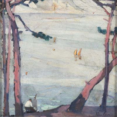 une image représentant un tableau où l'on voit un homme assis sur une plage, près d'arbres