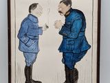 an old picture of two men talking to each other in a field