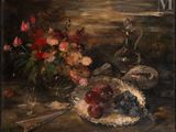 a painting of a still life with flowers and fruit on a table