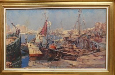 une peinture représentant une scène portuaire avec des bateaux dans l'eau