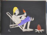 a painting of a man sitting in a chair with a bird in his hand