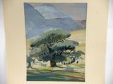 a painting of a tree in the middle of a field