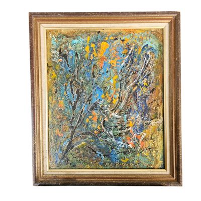 une peinture à l'huile représentant une plante, dans un cadre doré, sur fond blanc