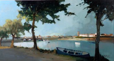 une peinture représentant un bateau au bord d'un lac