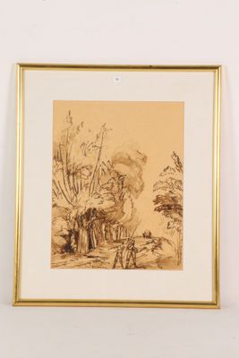 two framed drawings of a man and a woman in a wooded setting