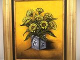 tableau représentant des fleurs jaunes dans un vase bleu sur fond jaune