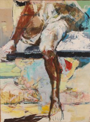 an image of a painting of a man sitting on a bench