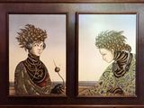 painting of two women in oriental clothing sitting in front of a painting
