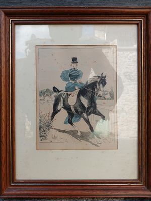 tableau représentant un homme à cheval portant un haut-de-forme