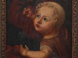 an old painting of a baby holding a red cloth