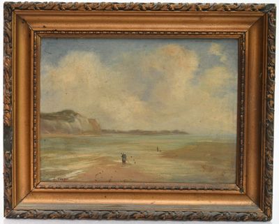 une peinture à l'huile représentant une scène de plage avec des personnes marchant sur le sable