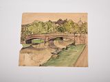 drawing of a bridge over a body of water with a building in the background