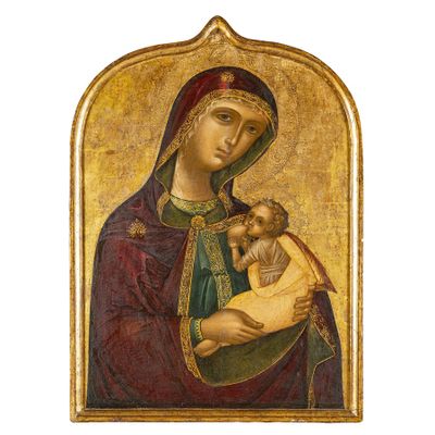 une peinture représentant une femme tenant un bébé dans ses bras