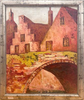 an oil painting of a bridge over a river with a building in the background