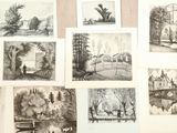 sketches of various landscapes displayed on a wall in a room