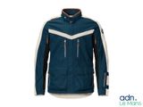 the jacket is blue and white with a zipper on the chest