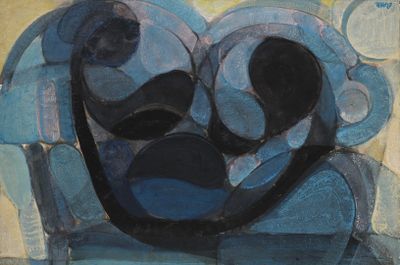 tableau représentant une chaise bleue sur laquelle est assis un chat noir et blanc