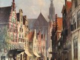 painting of a street scene with a church in the background