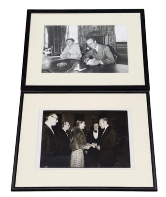 two black and white photographs of men and women in formal attire