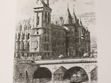 an old drawing of a castle with a bridge in front of it
