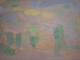 dessin représentant un tableau représentant un paysage avec des arbres et un bâtiment